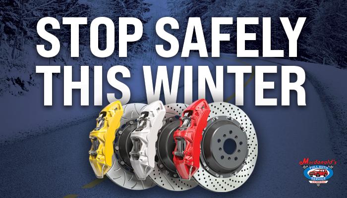 Three brakes on a blue background with Stop Safely This Winter in white type