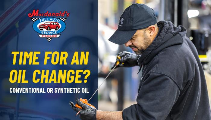 Technician checking oil with dipstick. Macdonald's Auto Logo on blue background with title 